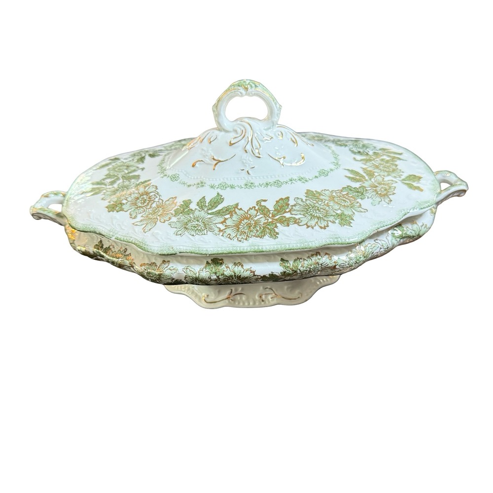 Wood & Son Sevres Royal‎ Porcelain Covered Vegetable Tureen Green Gold Floral